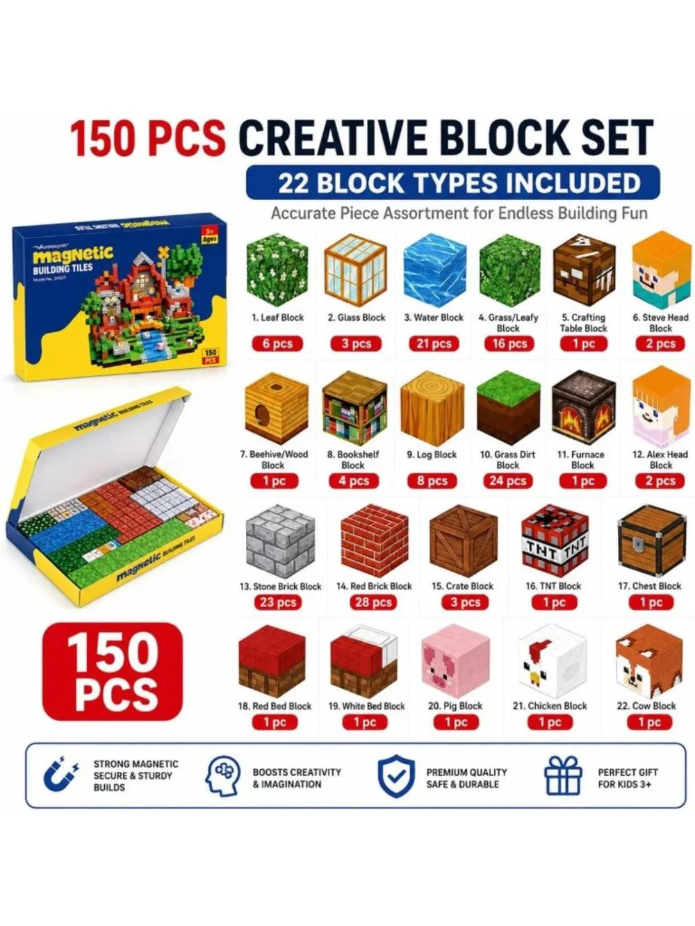 150PCS Magnetic Building Blocks - STEM Stacking Cubes Toy for Kids 3+ | Fun